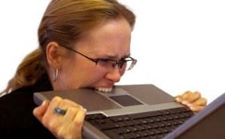 Berkeley Accupunture Lady biting her laptop